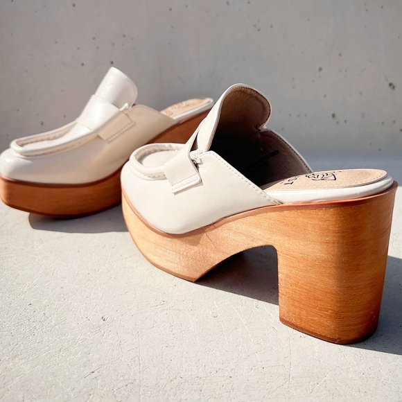 NEW Penny Loafer Wooden Platform Heel Clog Mules Shoes Chunky Off White Bone - Picture 6 of 16